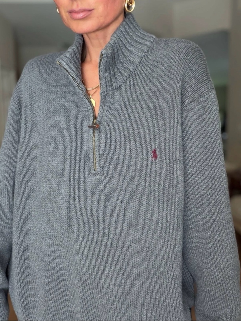 Vintage Ralph Lauren Gray Half-Zip Ribbed Wool Sweater - Picture 7 of 7